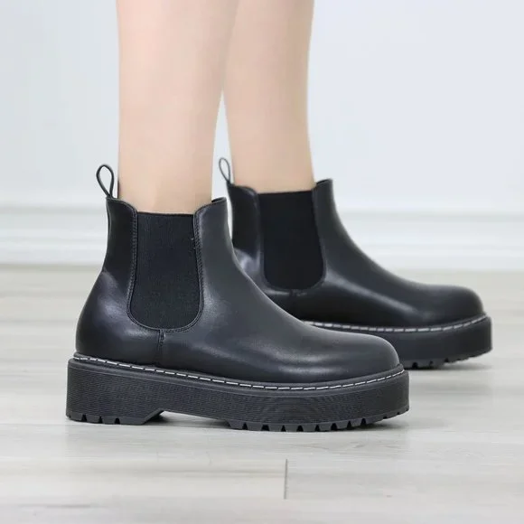 Womens Combat Boots Slip On Platform Chelsea Bootie Chunky Lugged Sole - Picture 10 of 13